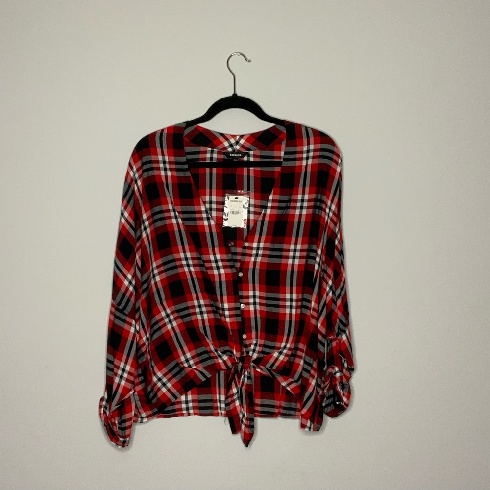 [Express] Red Plaid Button Front Tie